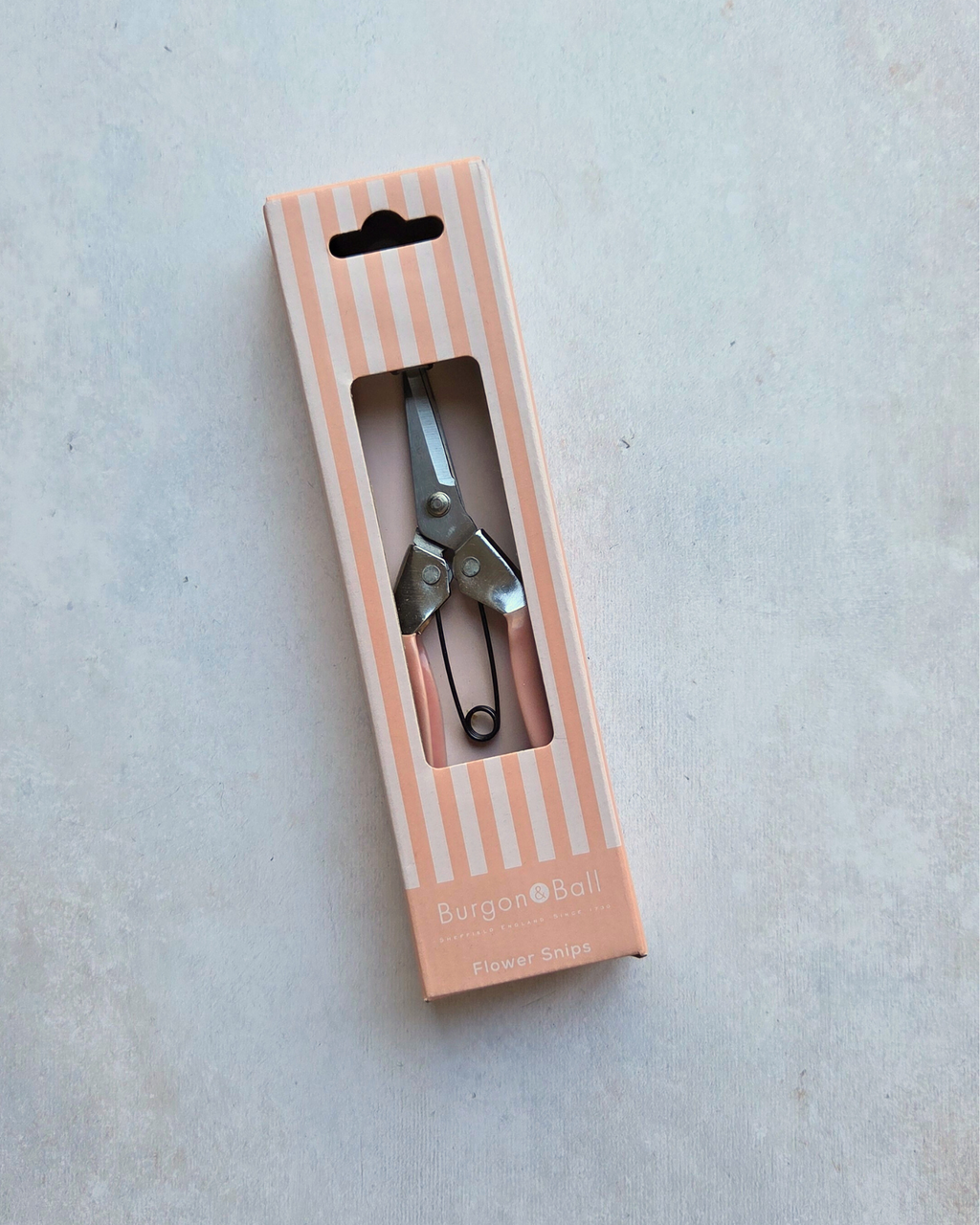 Burgon & Ball Collector Flower Snips in decorative pink and white striped gift packaging