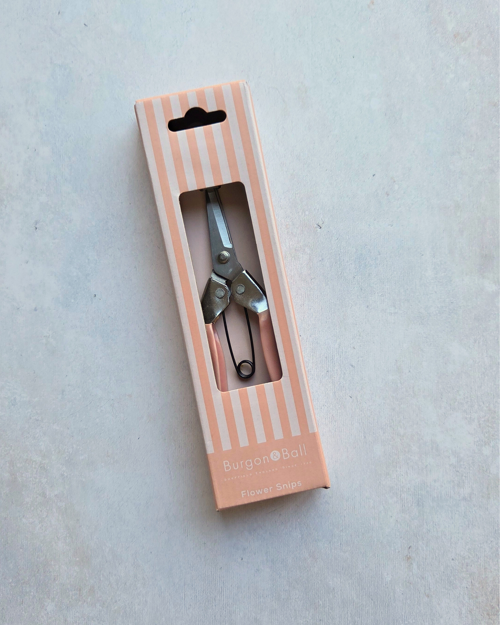 Burgon & Ball Collector Flower Snips in decorative pink and white striped gift packaging